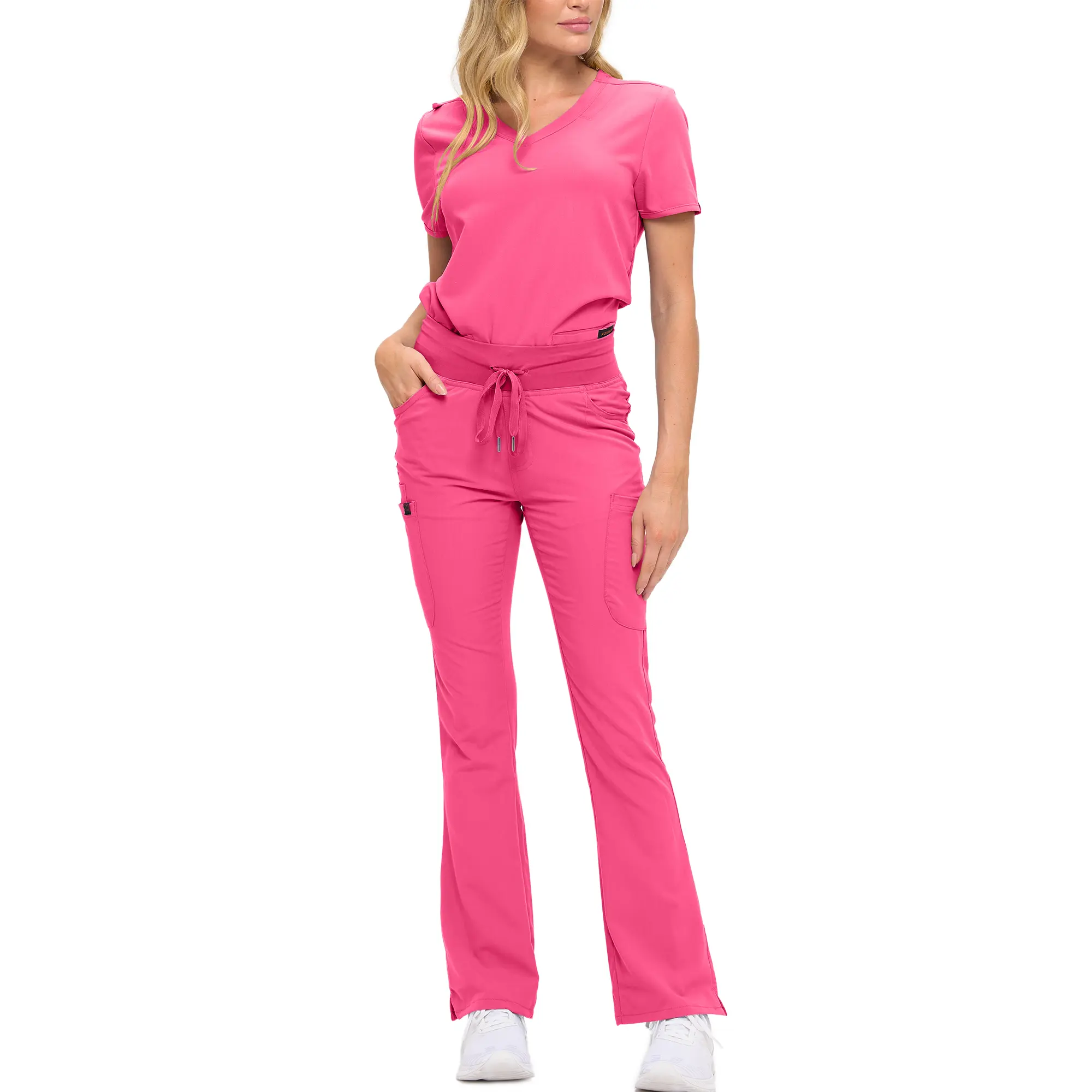 Wholesale women's hot pink scrubs set with short-sleeve top and flare leg pants with drawstring waist