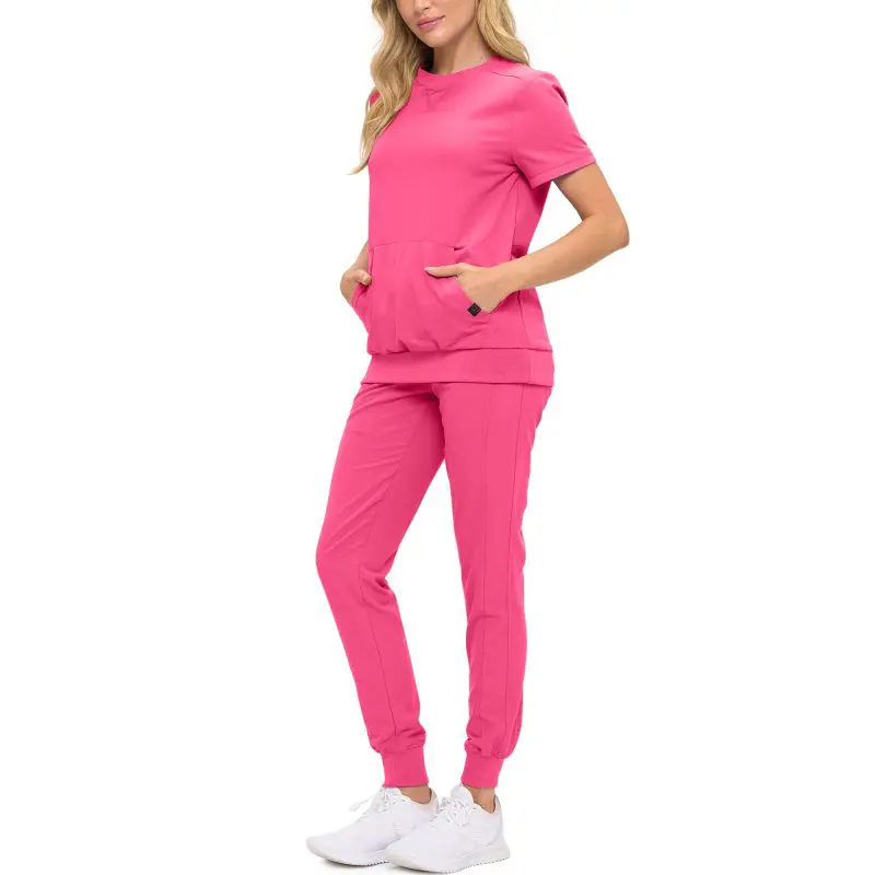 Wholesale women's hot pink short-sleeve top and jogger pants set with front pockets