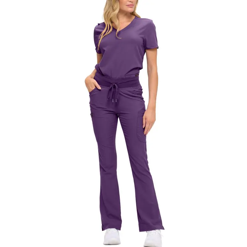 Wholesale women's purple scrub set with short-sleeve top and flared pants with drawstring waist