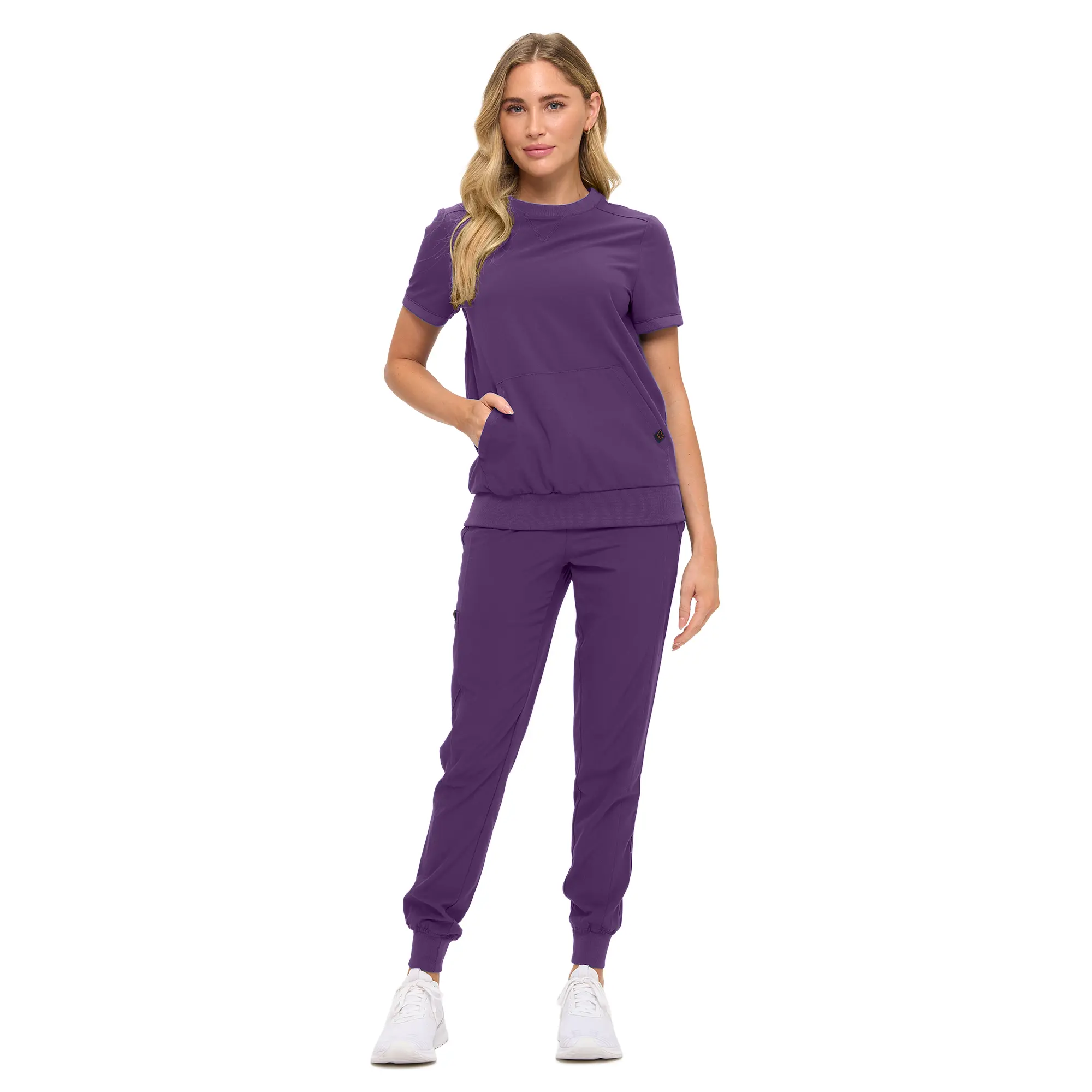 Wholesale women's purple short-sleeve t-shirt and jogger pants set with pockets