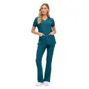 Wholesale women's teal v-neck scrub top and pants set with pockets