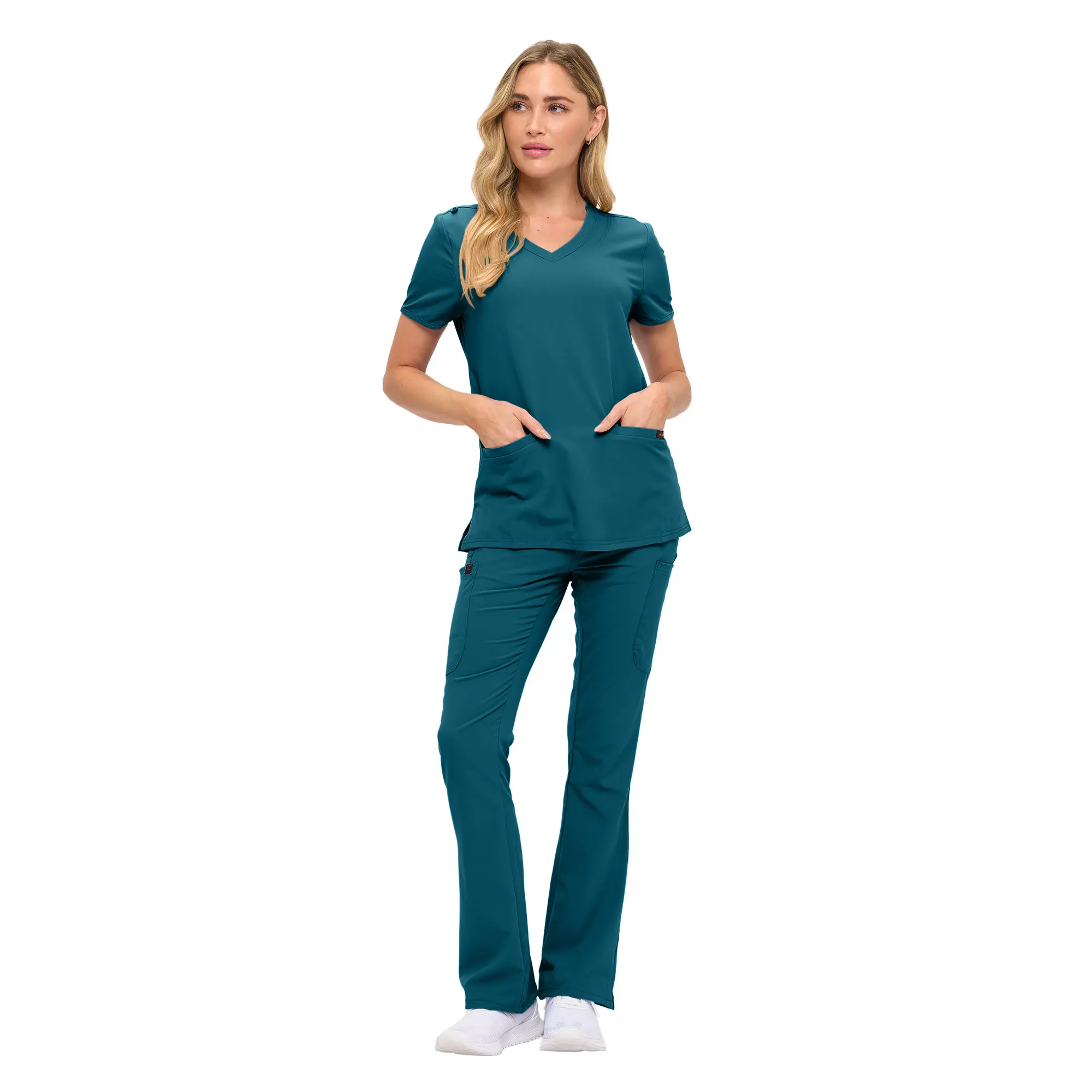 Wholesale women's teal v-neck scrub top and pants set with pockets
