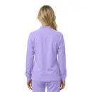 Wholesale women's lavender zip-up sweatshirt with long sleeves and ribbed cuffs, back view