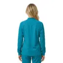 Wholesale women's teal zip-up jacket with long sleeves and ribbed cuffs, back view