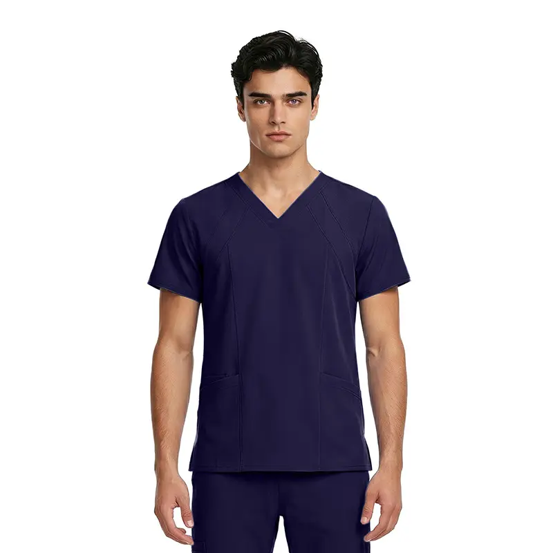 Wholesale men's navy blue v-neck short sleeve medical scrub top with front pockets