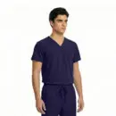 Wholesale men's navy v-neck scrub top with short sleeves and matching drawstring pants