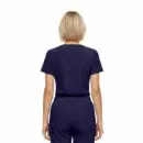 Wholesale women's navy blue short-sleeve crop top and matching elastic waist pants set, back view
