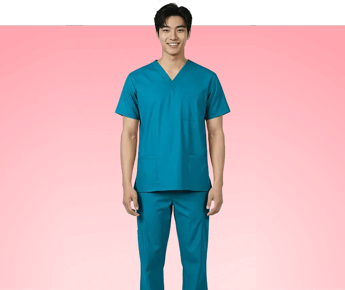 Wholesale men's teal scrubs set with v-neck top and straight-leg pants