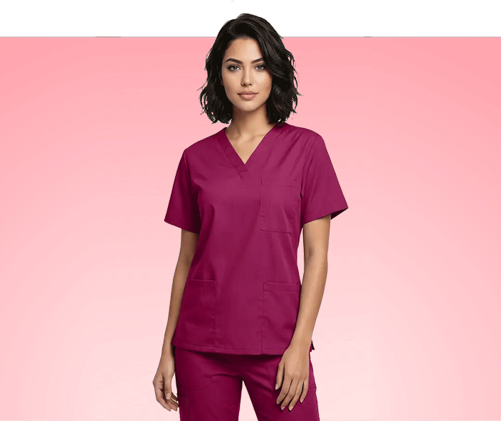 Wholesale women's burgundy scrubs set with v-neck top and matching pants