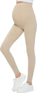 Wholesale women's beige high-waisted maternity leggings with ankle cuffs worn with white sneakers