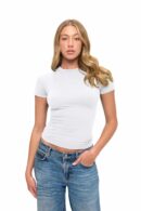 Wholesale women's white short-sleeve fitted crew neck t-shirt paired with blue denim jeans